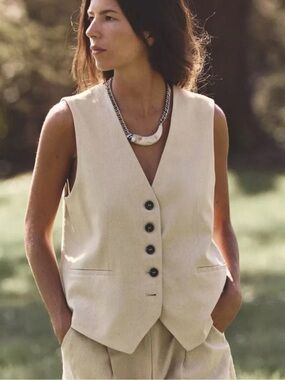 Zara Linen Blend Vest Women's XS Off White V-Neck Button Front Pockets